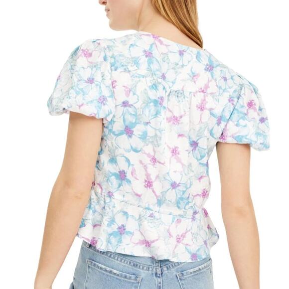 RAHI Floral Pouf V-Neck Button Up Top Blouse Light Blue Small - Picture 2 of 9